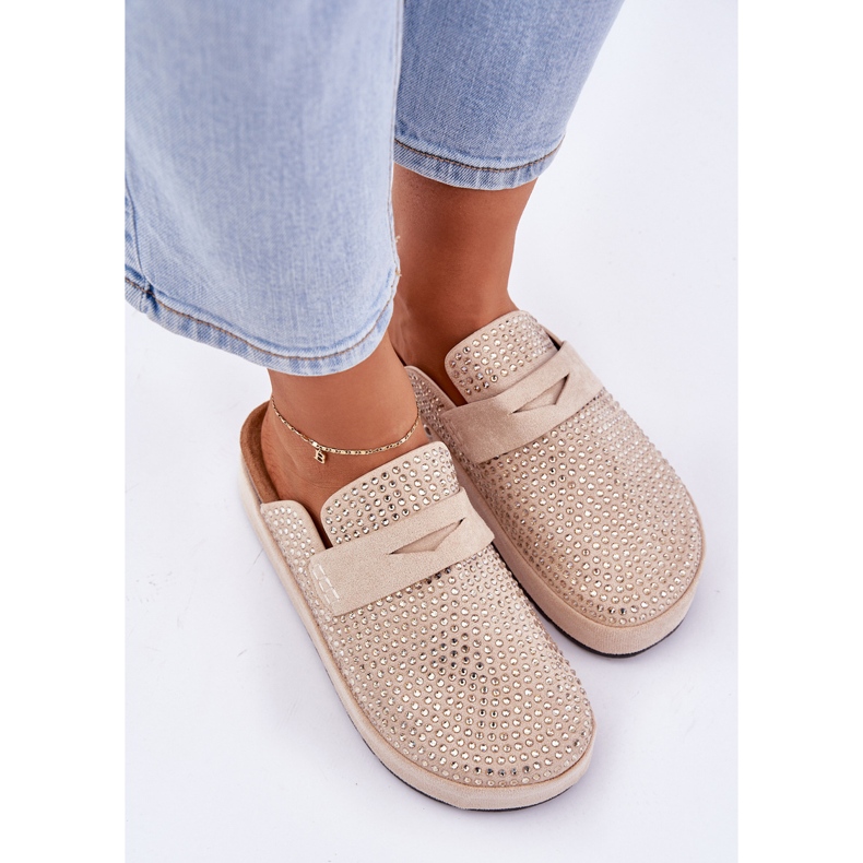 Women's slippers decorated with zircons on the platform beige 2