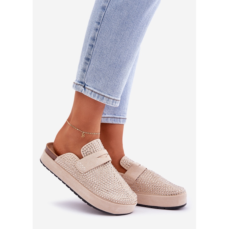 Women's slippers decorated with zircons on the platform beige 1