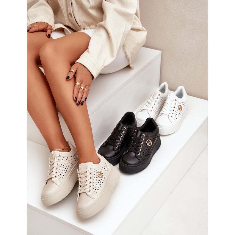Openwork sneakers with golden detail beige 2