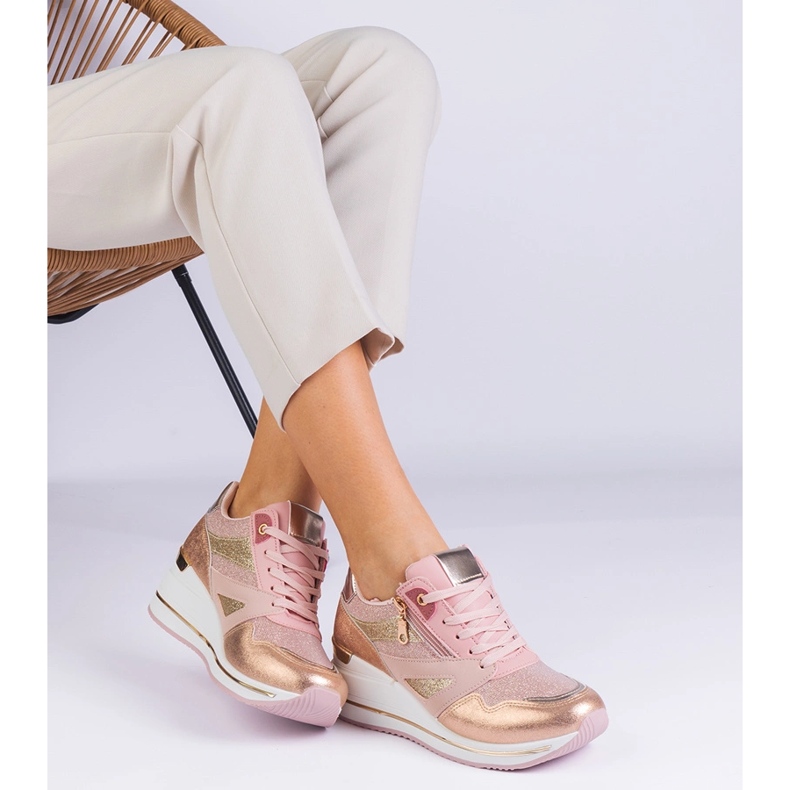 Pink sports sneakers on the platform decorated with glitter and a metallic insert 1 Pink sports sneakers on the platform decorated with glitter and a metallic insert 1