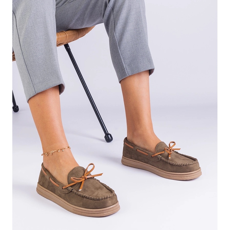 Green women's loafers from ekozamsz with a bow 2