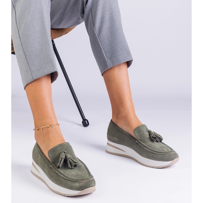 Green women's loafers on the platform with fringes 1 Green women's loafers on the platform with fringes 1