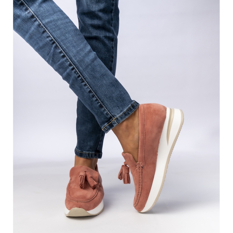 Women's pink fringed loafers 1