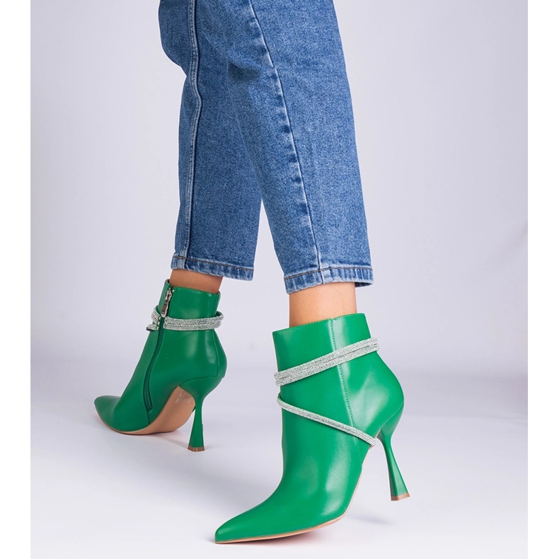 Green boots on a high heel decorated with zircons 1