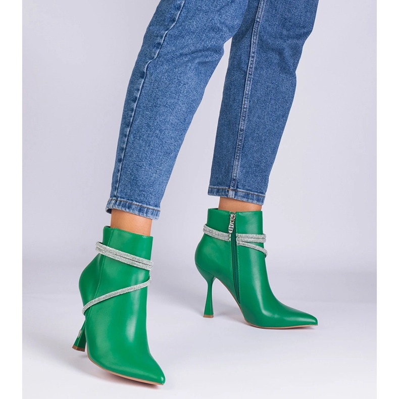 Green boots on a high heel decorated with zircons 2
