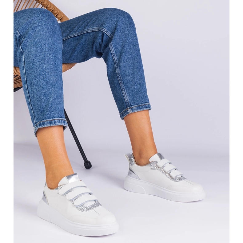 Women's white and silver sneakers for Velcro decorated with glitter 1