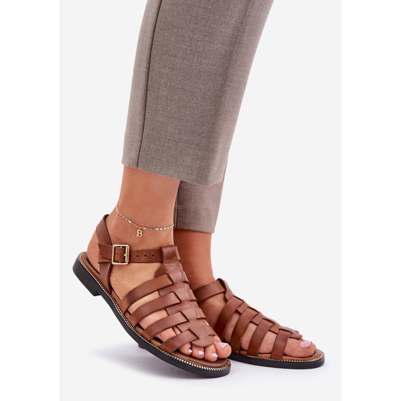 Leather sandals with flat heels Zazoo 3686 Camel brown 1