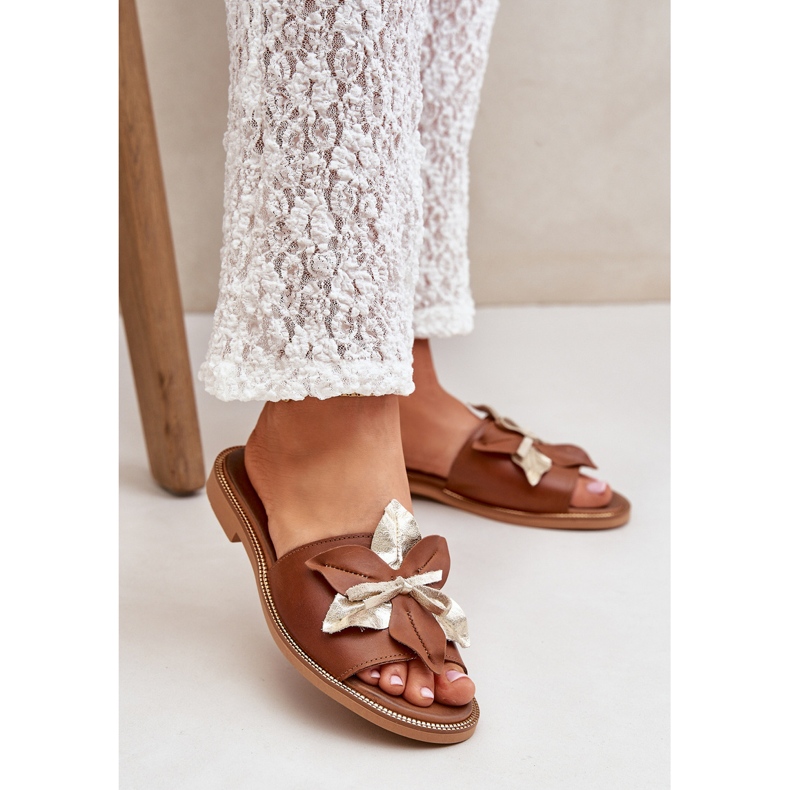 Slippers with decoration Natural leather Zazoo 3574/Z Camel brown 2