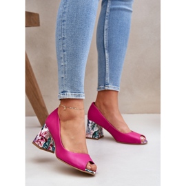 Leather pumps with a decorative heel Lewski Shoes 2608/K fuchsja pink 2