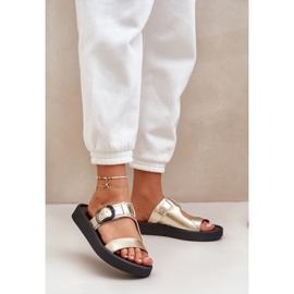 Women's leather slippers on the Zazoo 3024 zloty platform golden 2