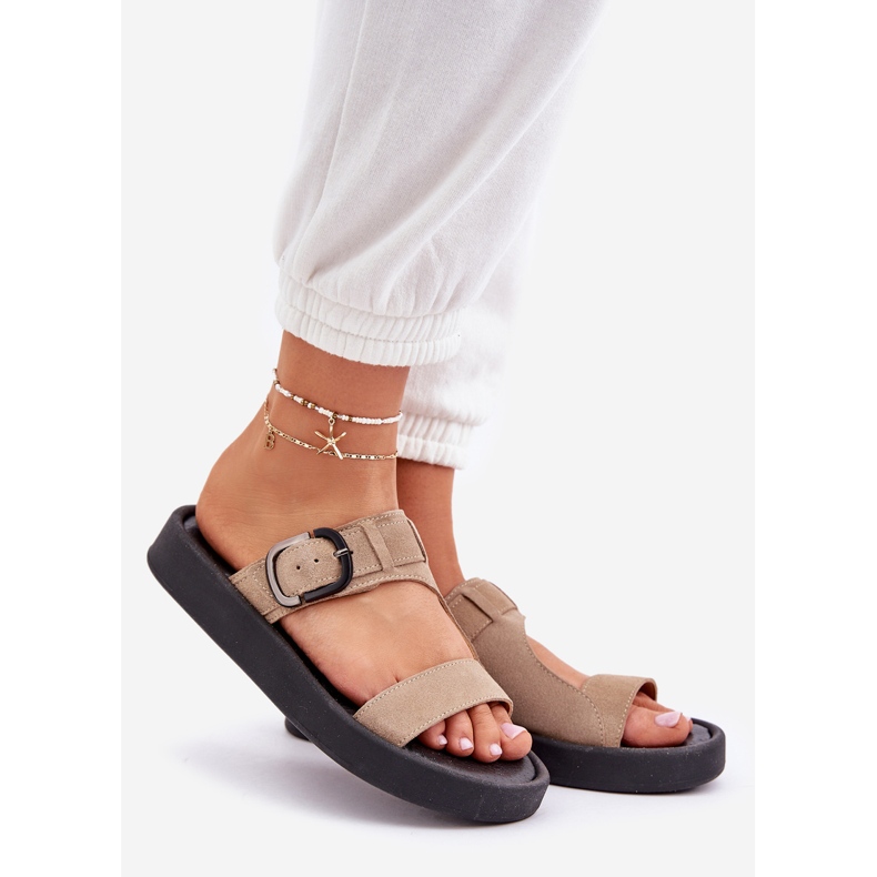 Women's suede flip flops on the Zazoo 3024 beige platform 1