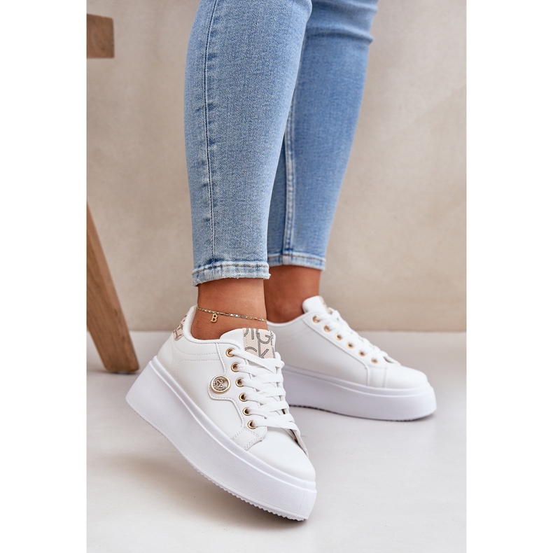 Eco leather sneakers on a platform with a golden-beige golden detail white 2