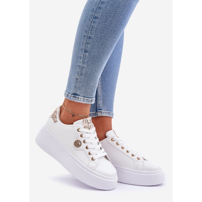Eco leather sneakers on a platform with a golden-beige golden detail white 1