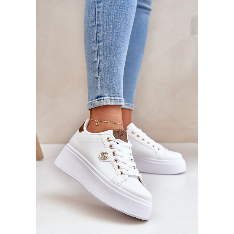 Eco leather sneakers on a platform with a golden detail white-brown 2