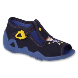 Befado children's slippers with a clasp 217P122, navy blue, with an application 1