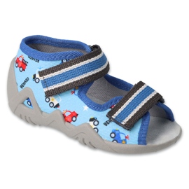 Befado children's slippers with leather insert 350P036 blue with cars pattern 1