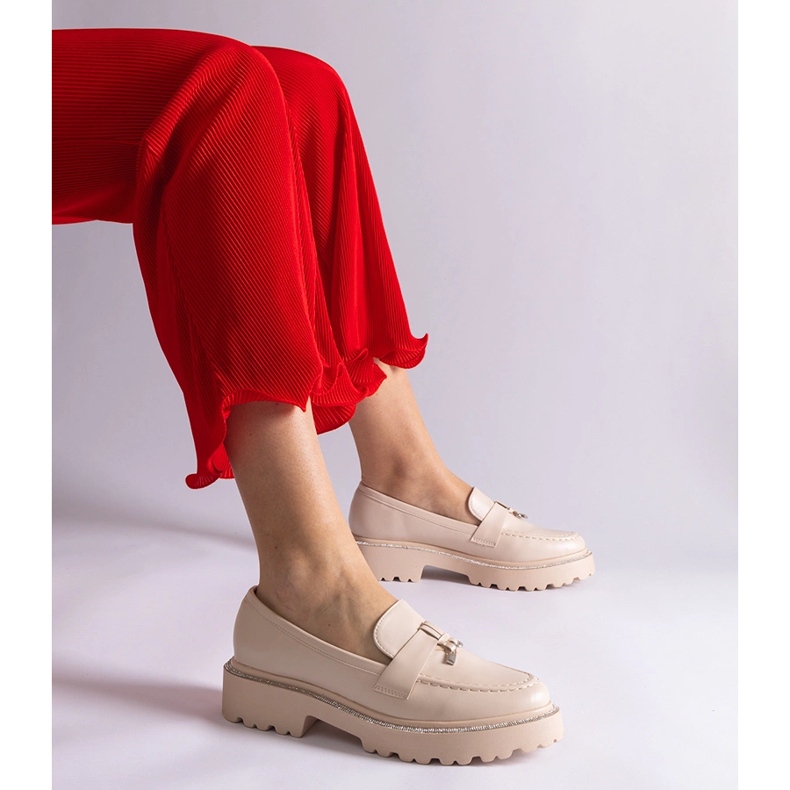 Beige eco -leather loafers decorated with zircons 1