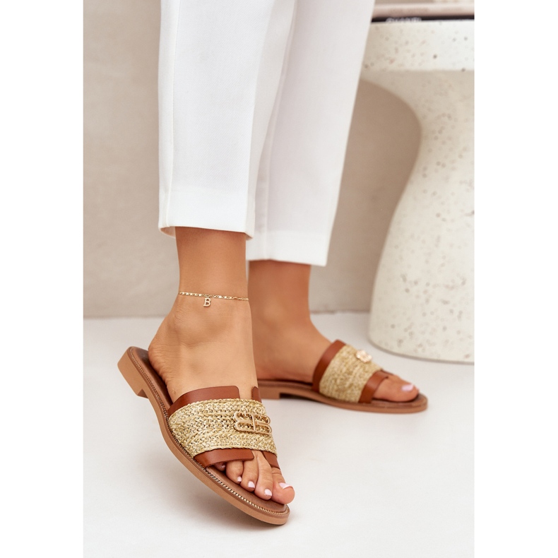 Leather flip flops with a decorative detail and braid Zazoo 40426 brown 2
