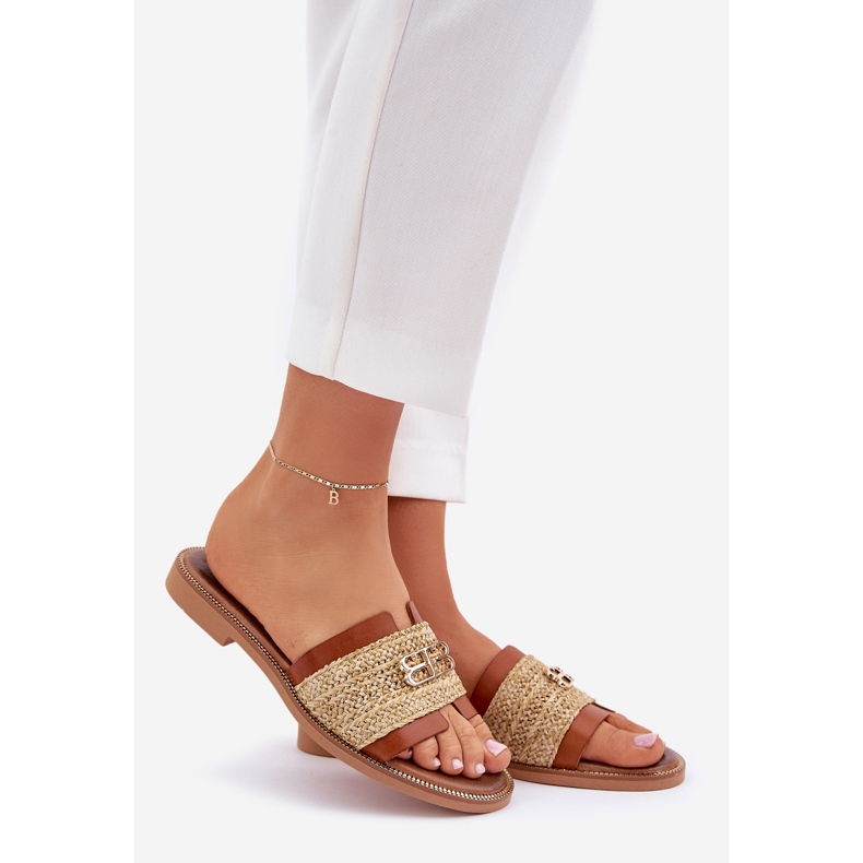 Leather flip flops with a decorative detail and braid Zazoo 40426 brown 1