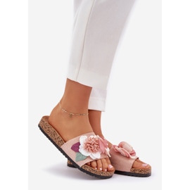 Women's flip flops with flowers on a cork platform pink 1
