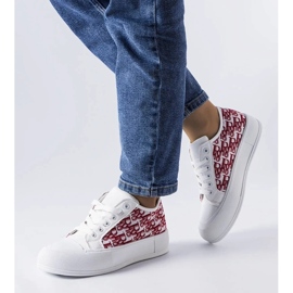 D/GMR Women's white laced sneakers with a fashionable Marquis pattern red 1