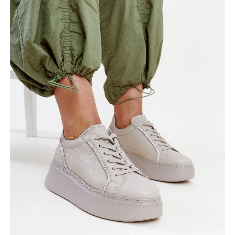 Dark beige leather sneakers with rhinestones Karino 2