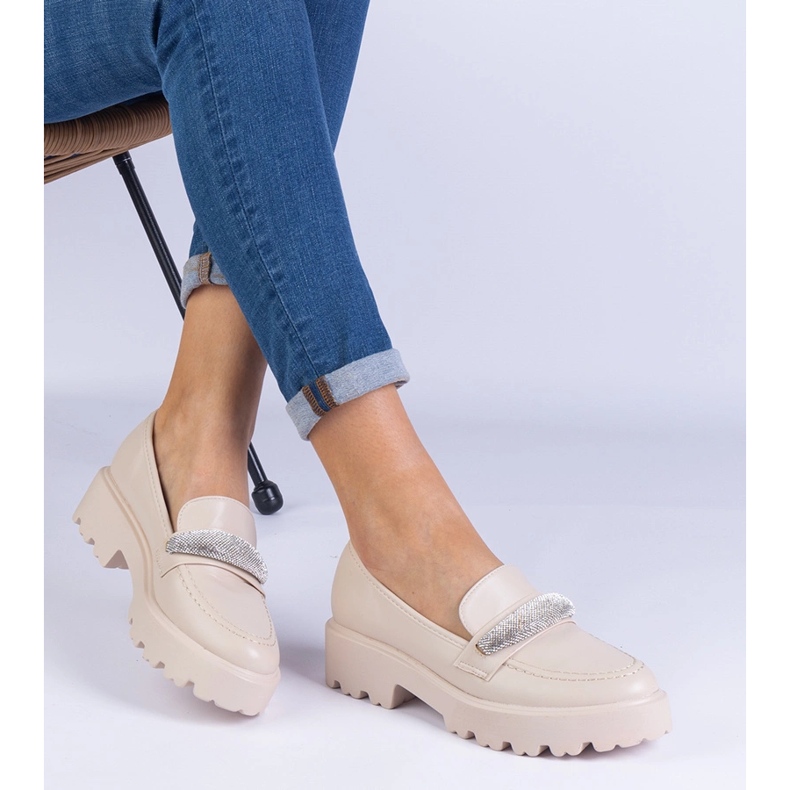 Beige women's loafers decorated with zircons 2 Beige women's loafers decorated with zircons 2