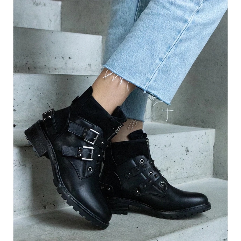 D/CEO Black ankle boots decorated with studs with a flat heel by Neffa 2