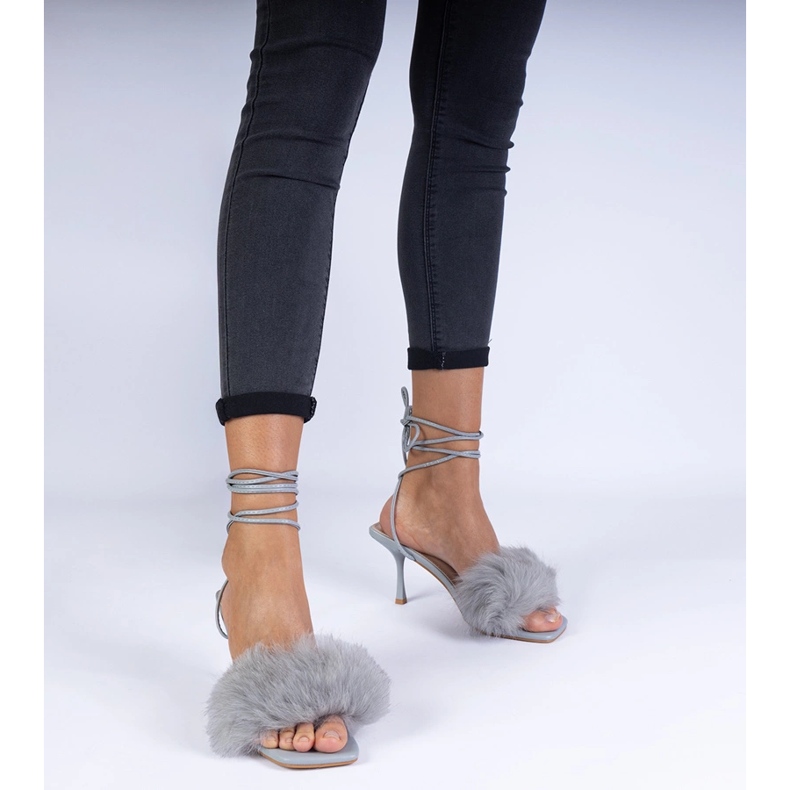 Gray sandals on a heel with fur grey 1
