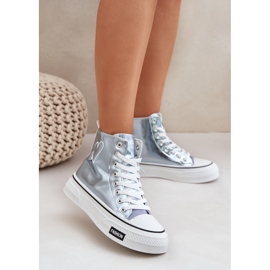 Metallic high women's sneakers with hearts blue 2