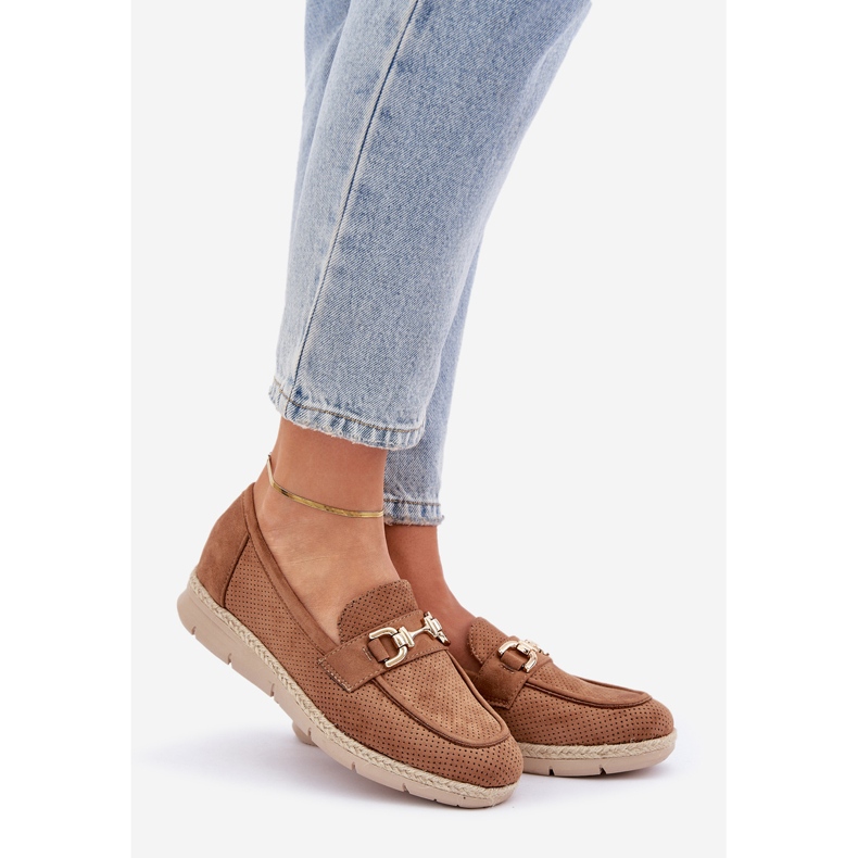 Openwork loafers with a golden detail and a jute brown braid 1