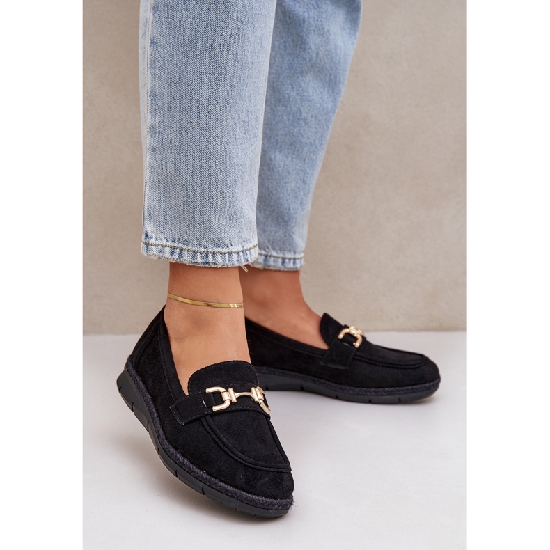 Openwork loafers with a golden detail and a jute black braid 2