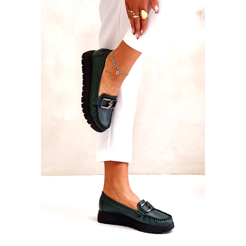Zazoo 10141 Leather Platform Loafers With Embellishment Dark Green 3