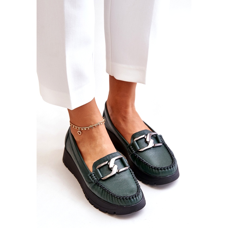 Zazoo 10141 Leather Platform Loafers With Embellishment Dark Green 2