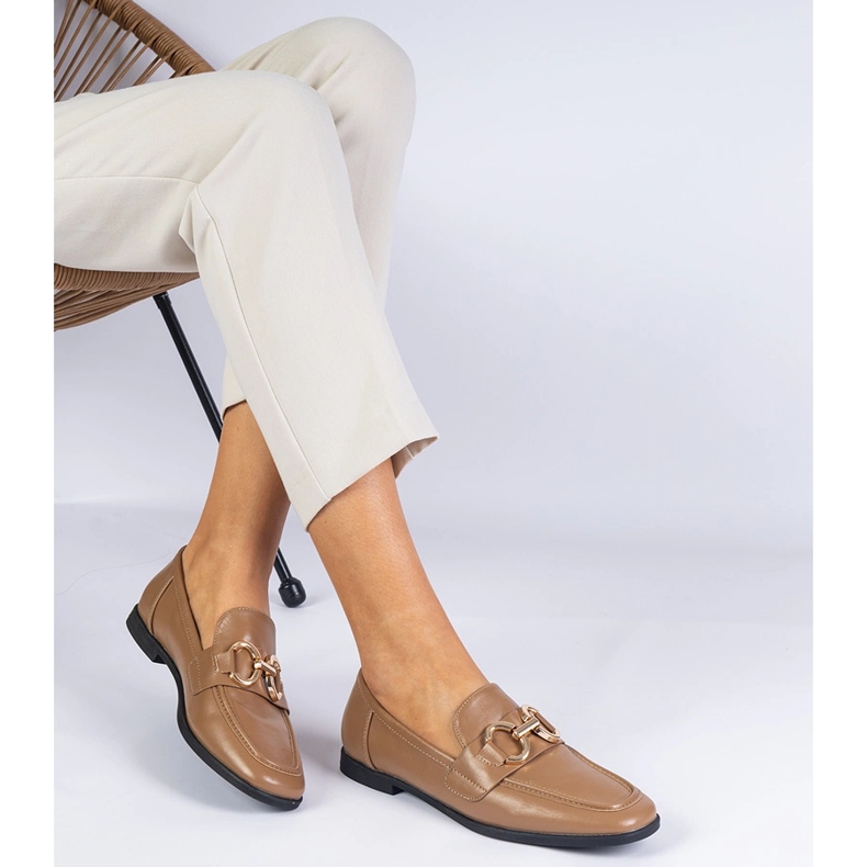 Brown women's loafers with a golden decoration 1 Brown women's loafers with a golden decoration 1