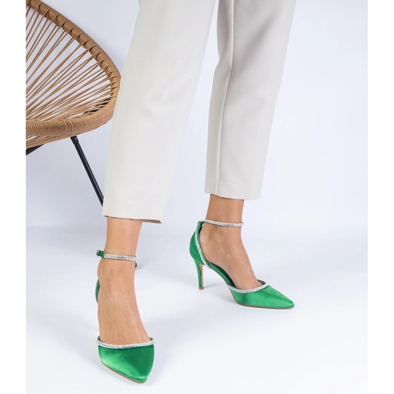 Green satin pumps decorated with zircons 1 Green satin pumps decorated with zircons 1