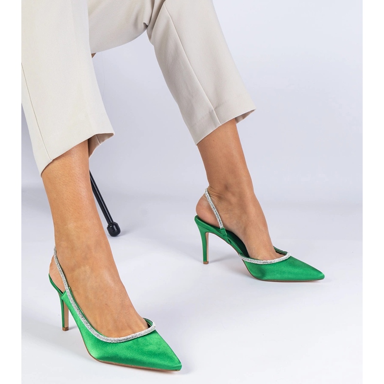 Green satin pumps with zircons with an open heel 1