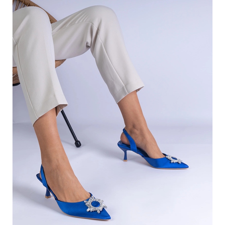 Blue satin pumps with an open heel and an elegant decoration 1