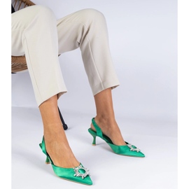 Green satin pumps with an open heel and an elegant decoration 1 Green satin pumps with an open heel and an elegant decoration 1
