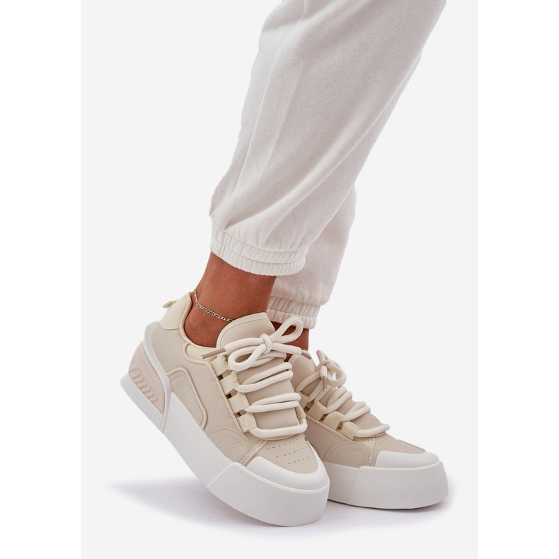 Women's sneakers with thick laces on the platform beige 1