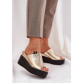 Slippers on the platform and wedge Eco leather gold golden 2