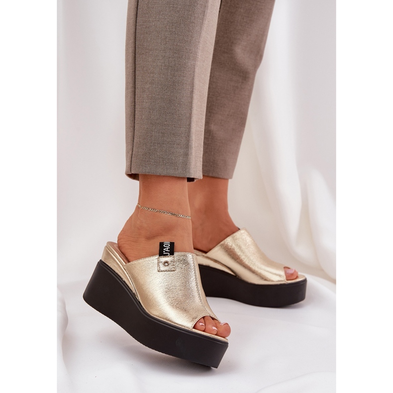 Slippers on the platform and wedge Eco leather gold golden 2