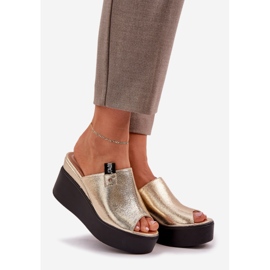 Slippers on the platform and wedge Eco leather gold golden 1