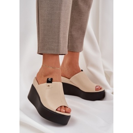 Slippers on the platform and wedge eco leather beige 2