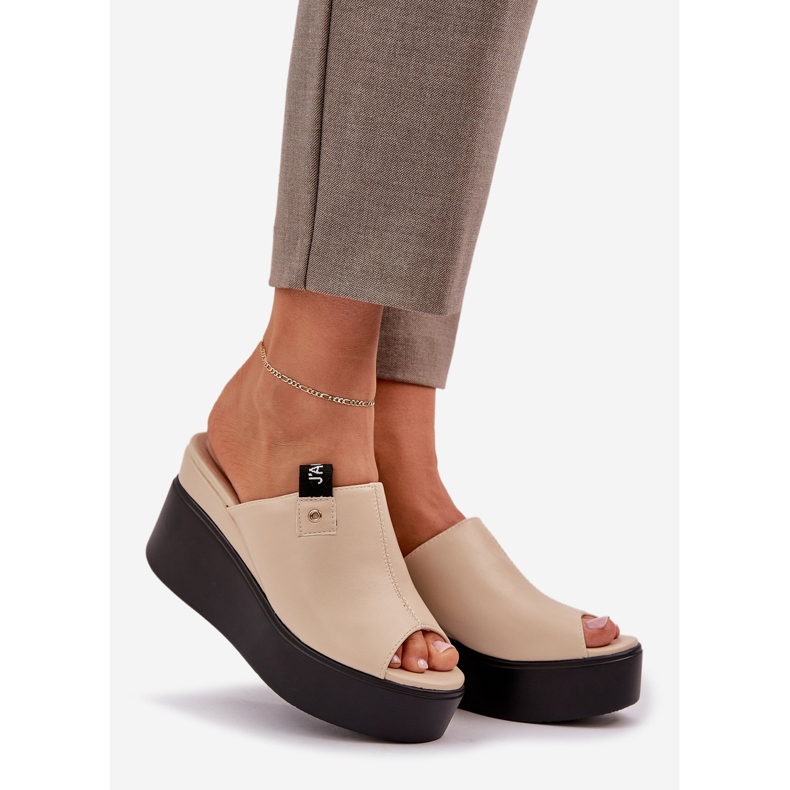 Slippers on the platform and wedge eco leather beige 1