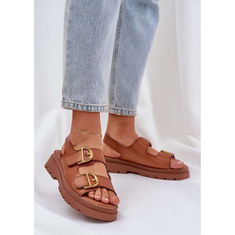Eco leather sandals with Camel buckles brown 2