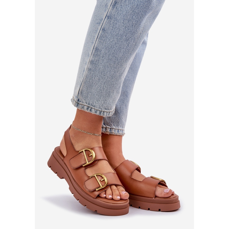 Eco leather sandals with Camel buckles brown 1