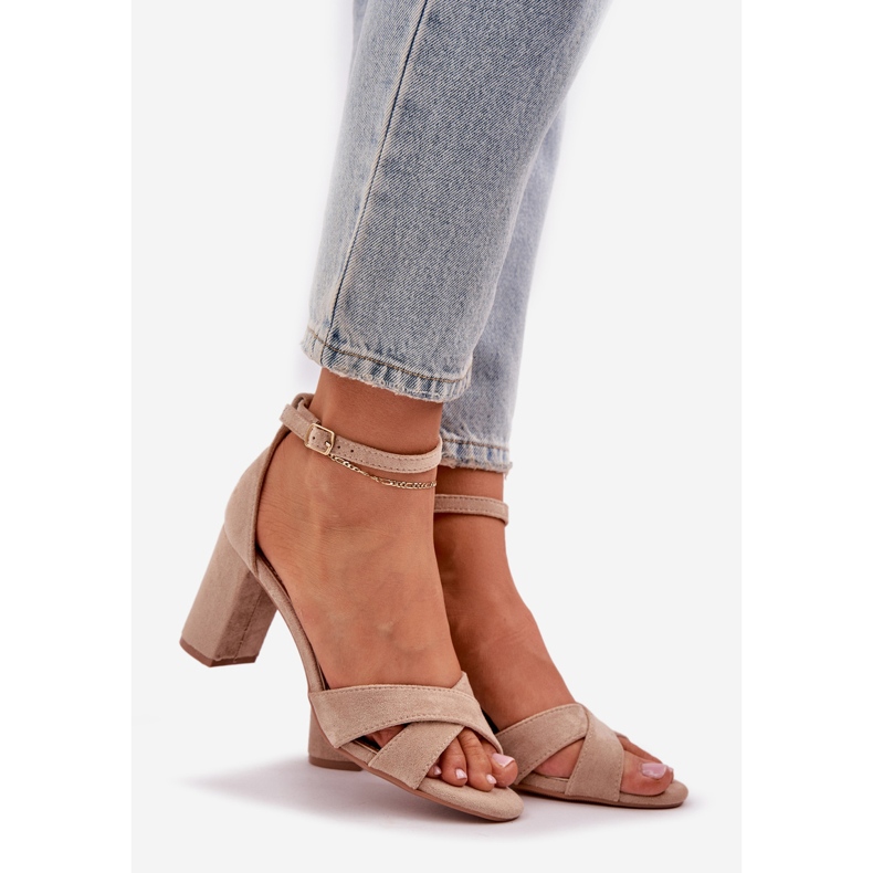 Sandals on the bar heel with eco suede beige 1 Sandals on the bar heel with eco suede beige 1