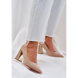 Elegant pumps on the pillar of the dark -bearing toe beige 2
