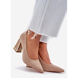 Elegant pumps on the pillar of the dark -bearing toe beige 1